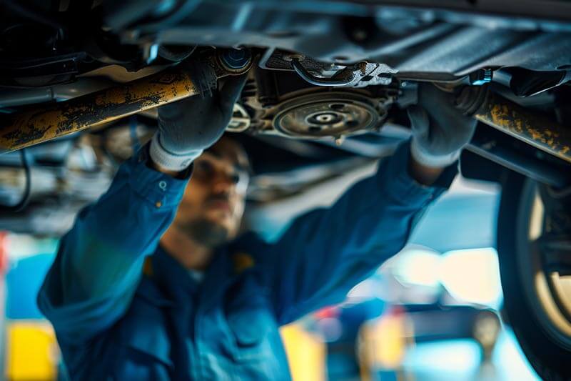 mechanic wearing gloves inspects the undercarriage of a car