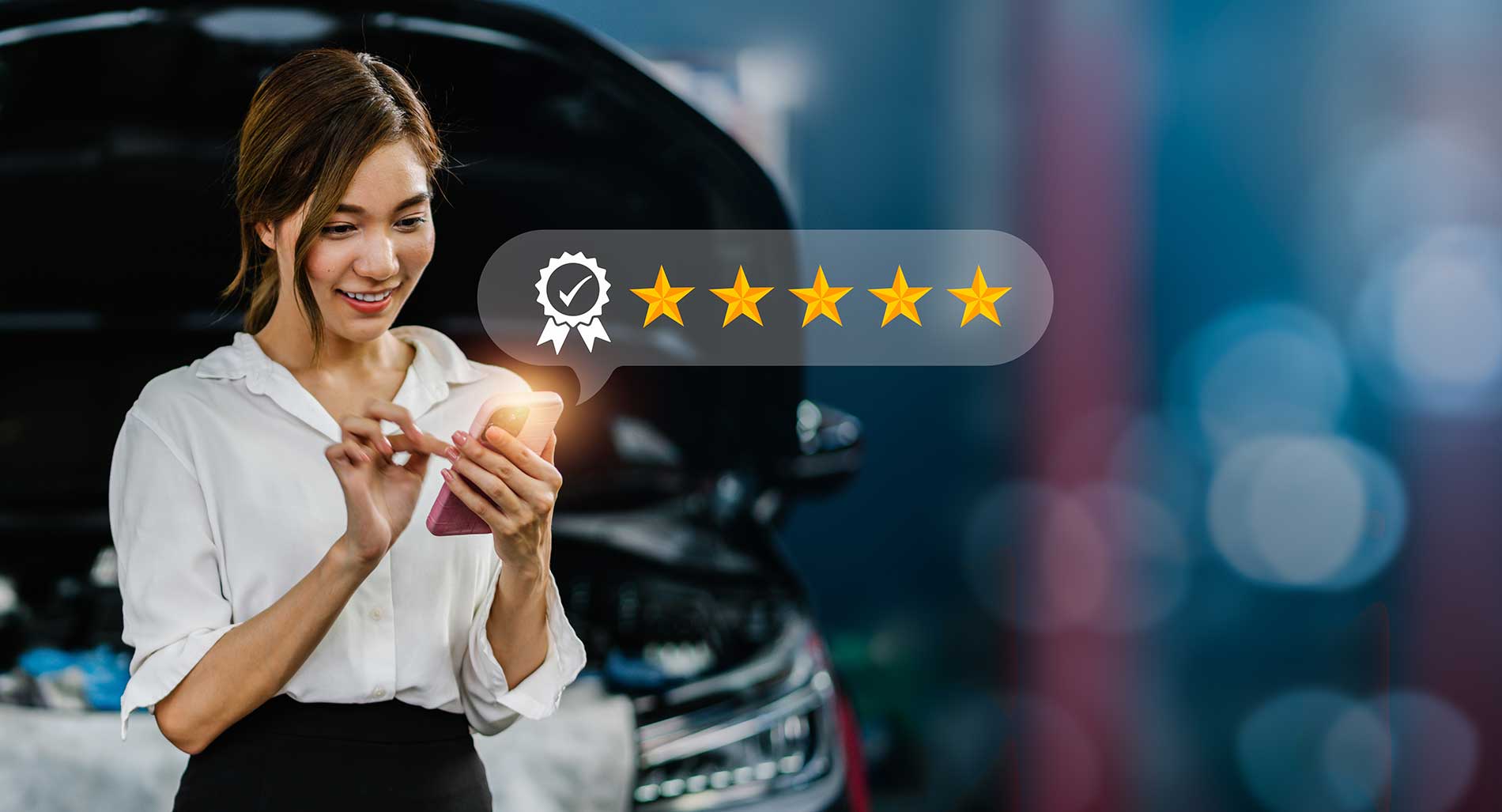 woman giving an automotive shop a 5 star review woman giving an automotive shop a 5 star review